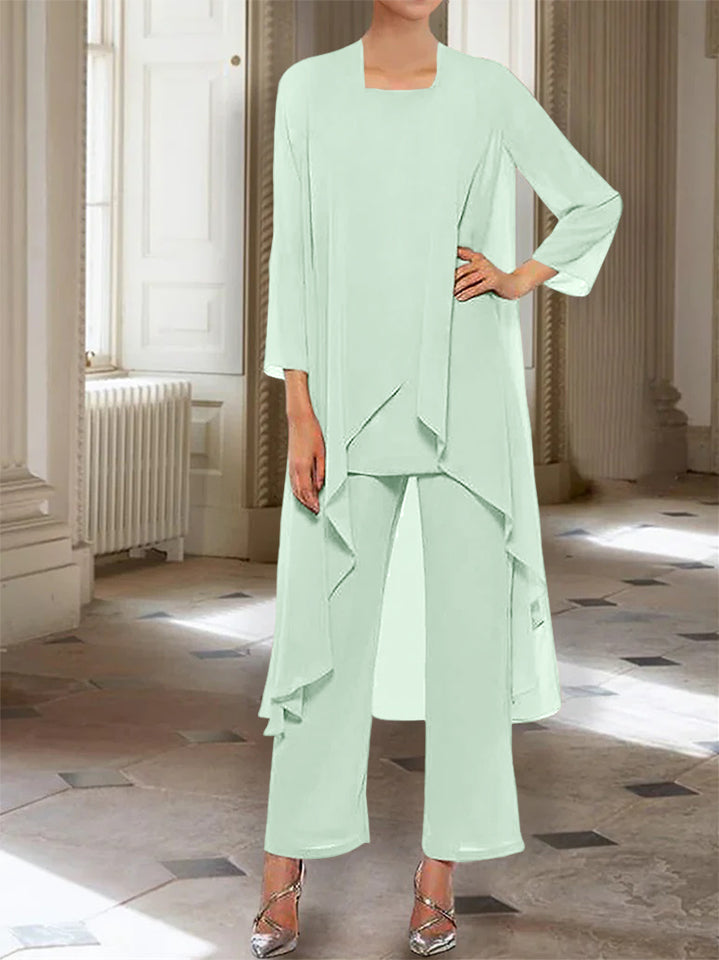 Ankle Length Mother of the Bride Pantsuits with Jacket in Chiffon Round Neck and 3/4 Sleeves