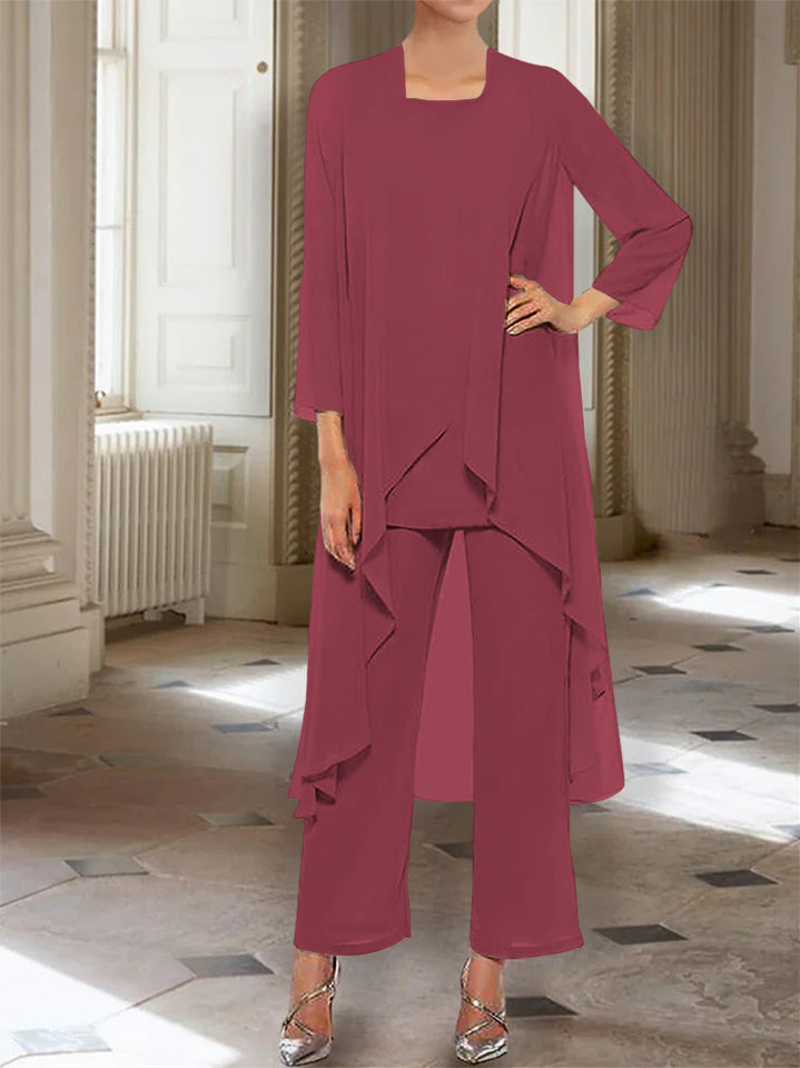 Ankle Length Mother of the Bride Pantsuits with Jacket in Chiffon Round Neck and 3/4 Sleeves