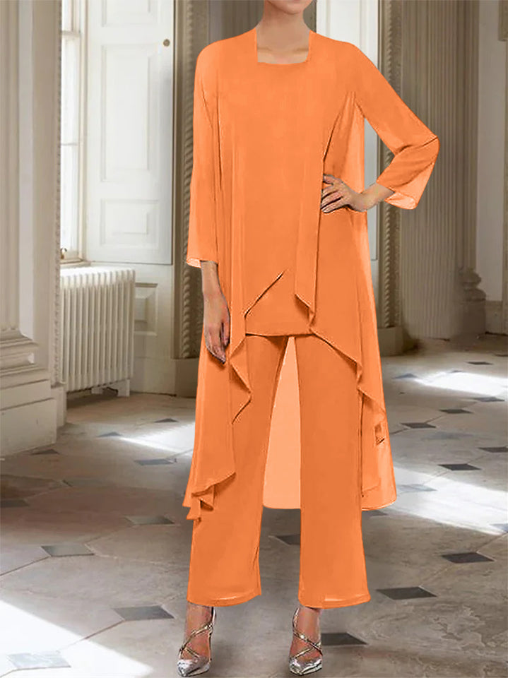 Ankle Length Mother of the Bride Pantsuits with Jacket in Chiffon Round Neck and 3/4 Sleeves