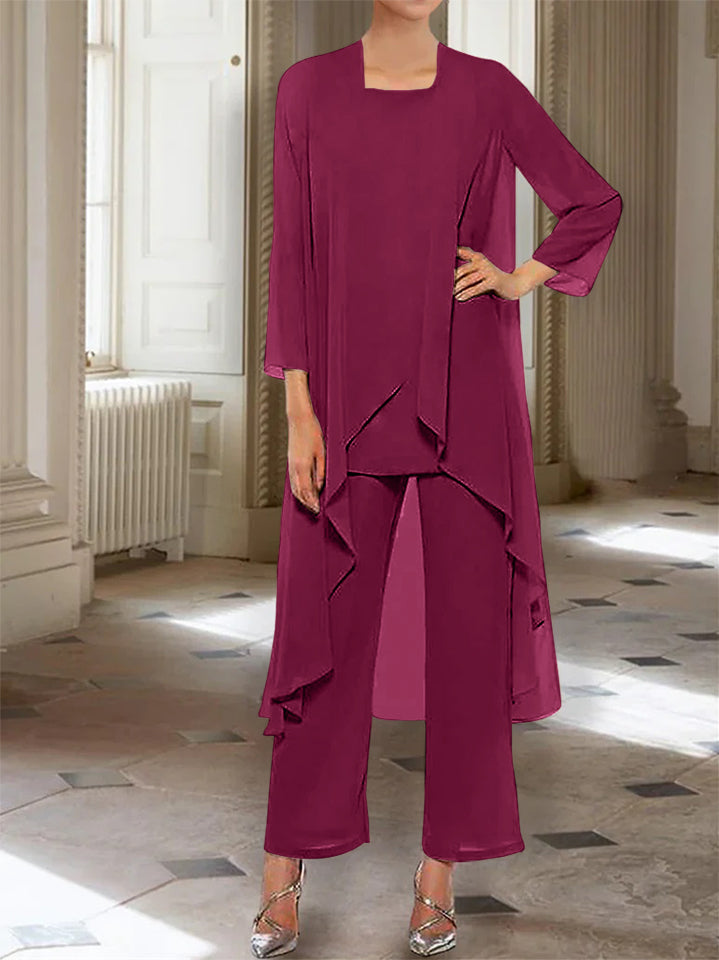 Ankle Length Mother of the Bride Pantsuits with Jacket in Chiffon Round Neck and 3/4 Sleeves