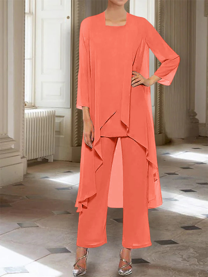 Ankle Length Mother of the Bride Pantsuits with Jacket in Chiffon Round Neck and 3/4 Sleeves