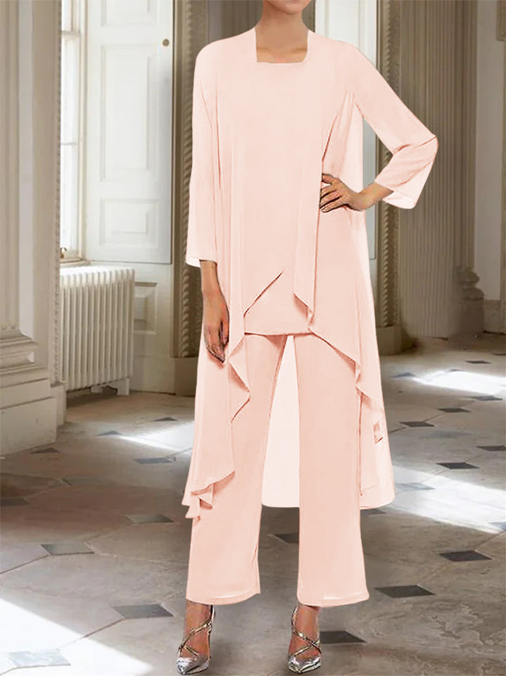 Ankle Length Mother of the Bride Pantsuits with Jacket in Chiffon Round Neck and 3/4 Sleeves