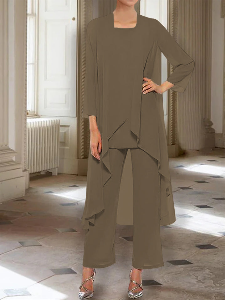 Ankle Length Mother of the Bride Pantsuits with Jacket in Chiffon Round Neck and 3/4 Sleeves