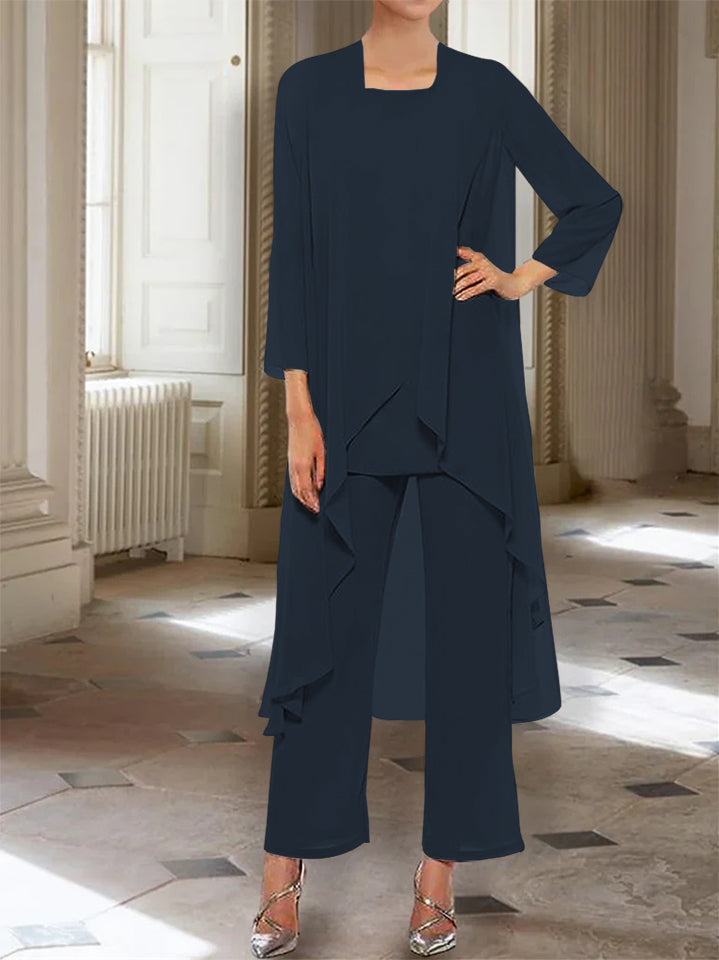 Ankle Length Mother of the Bride Pantsuits with Jacket in Chiffon Round Neck and 3/4 Sleeves