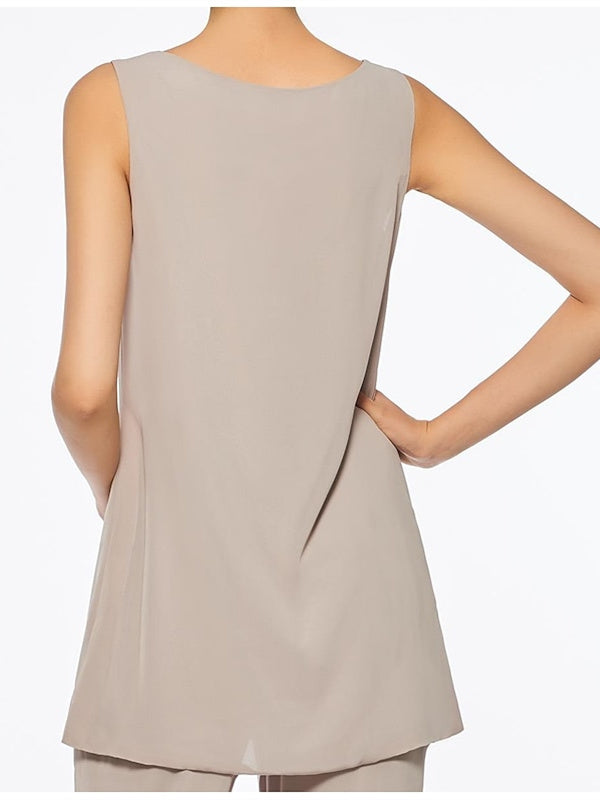 Ankle Length Mother of the Bride Pantsuits with Jacket in Chiffon Round Neck and 3/4 Sleeves