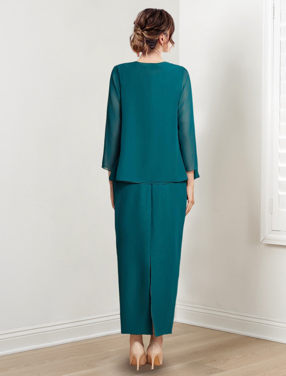 Ankle Length Mother of the Bride Sheath Column Dress with Jewel Neck
