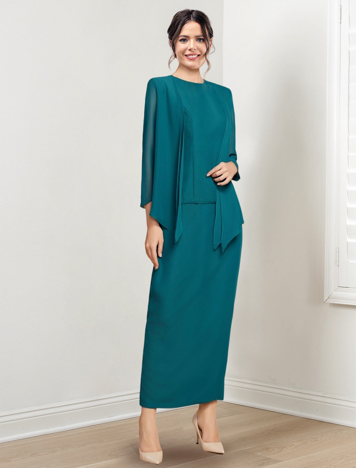 Ankle Length Mother of the Bride Sheath Column Dress with Jewel Neck