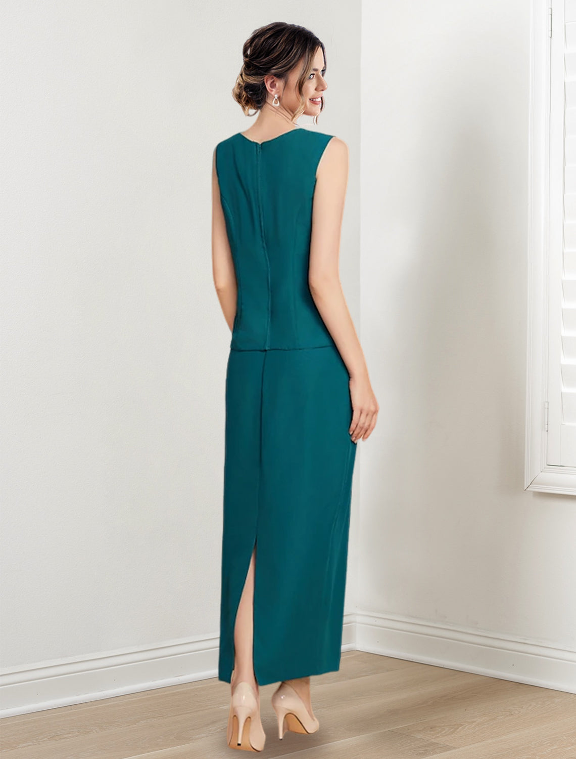 Ankle Length Mother of the Bride Sheath Column Dress with Jewel Neck