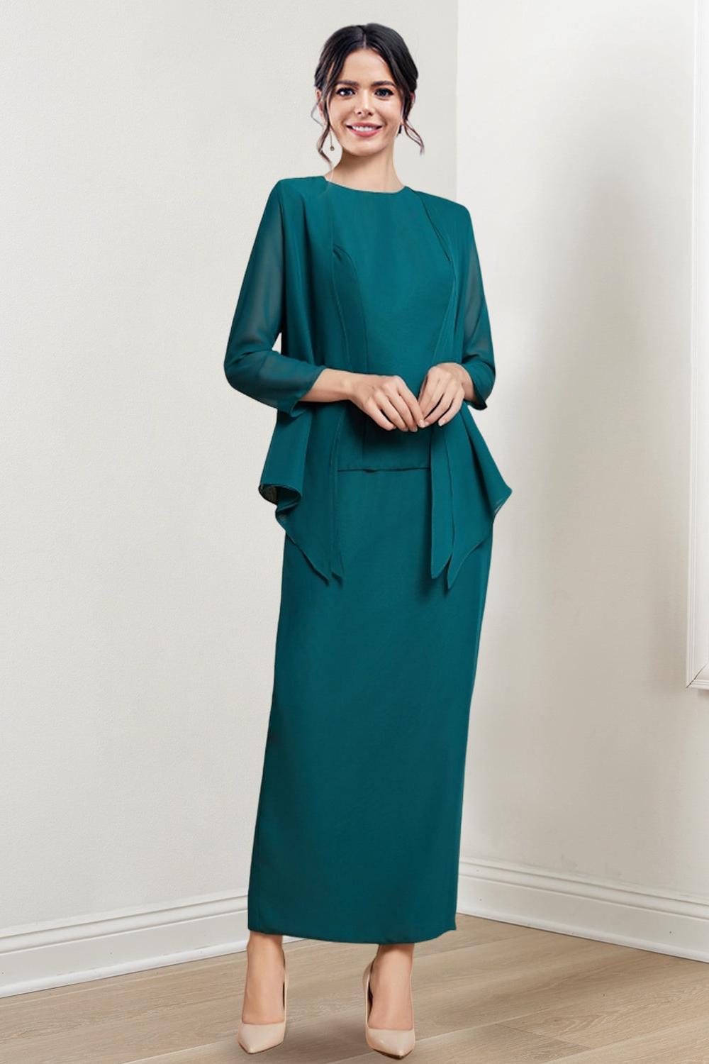 Ankle Length Mother of the Bride Sheath Column Dress with Jewel Neck