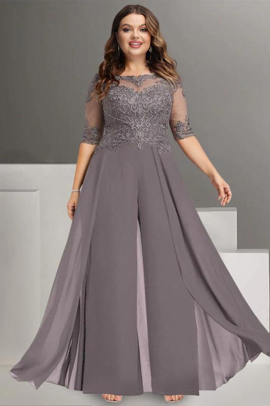 Ankle Length Plus Size Chiffon Mother of the Bride Pantsuit with Lace and Jewel Neck