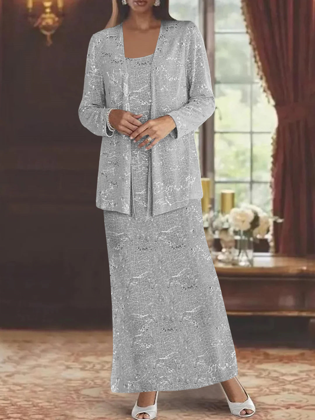 Ankle length Chiffon Mother of the Bride Dress with Sequins and Jacket