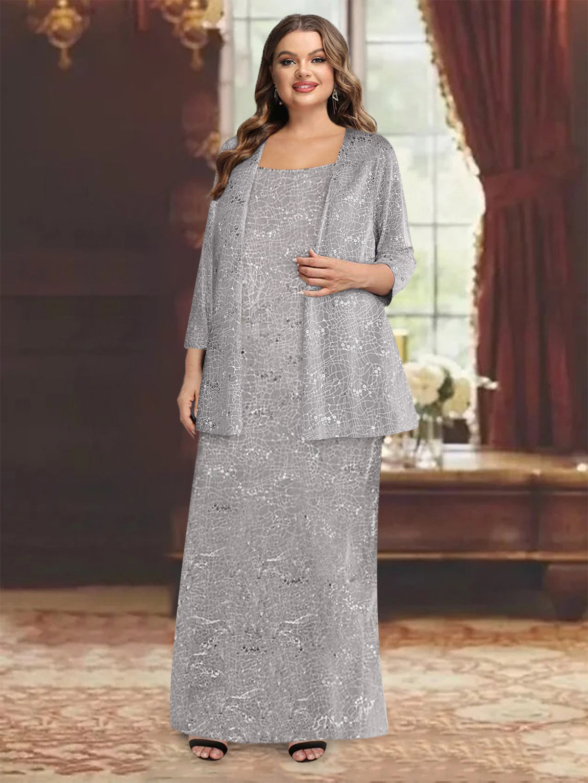 Ankle length Chiffon Mother of the Bride Dress with Sequins and Jacket