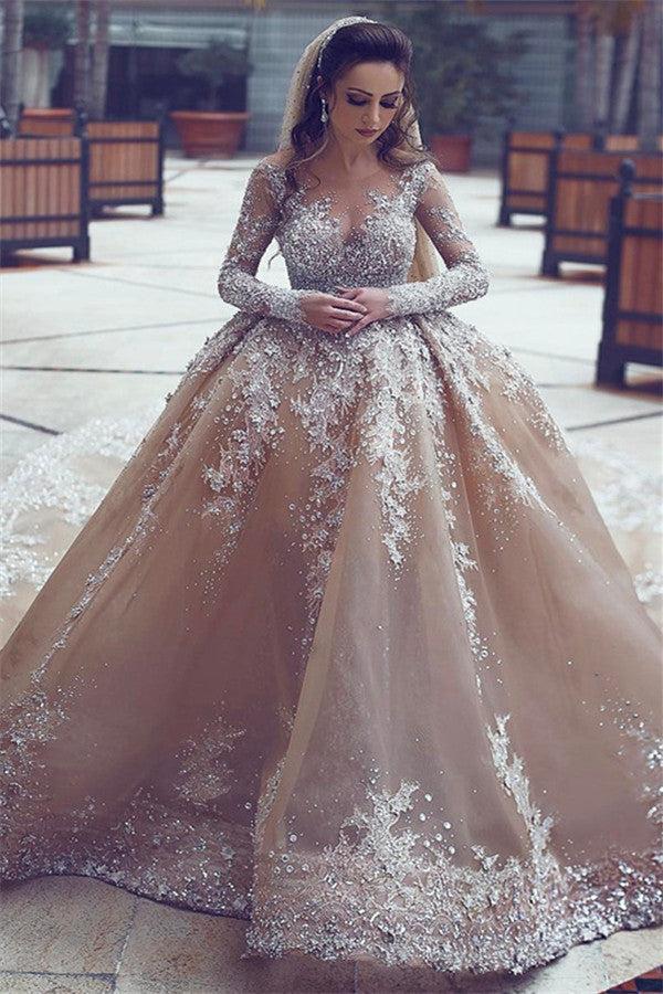 Appliques Ball-Gown Long-Sleeve Beadings Luxurious Wedding Dress