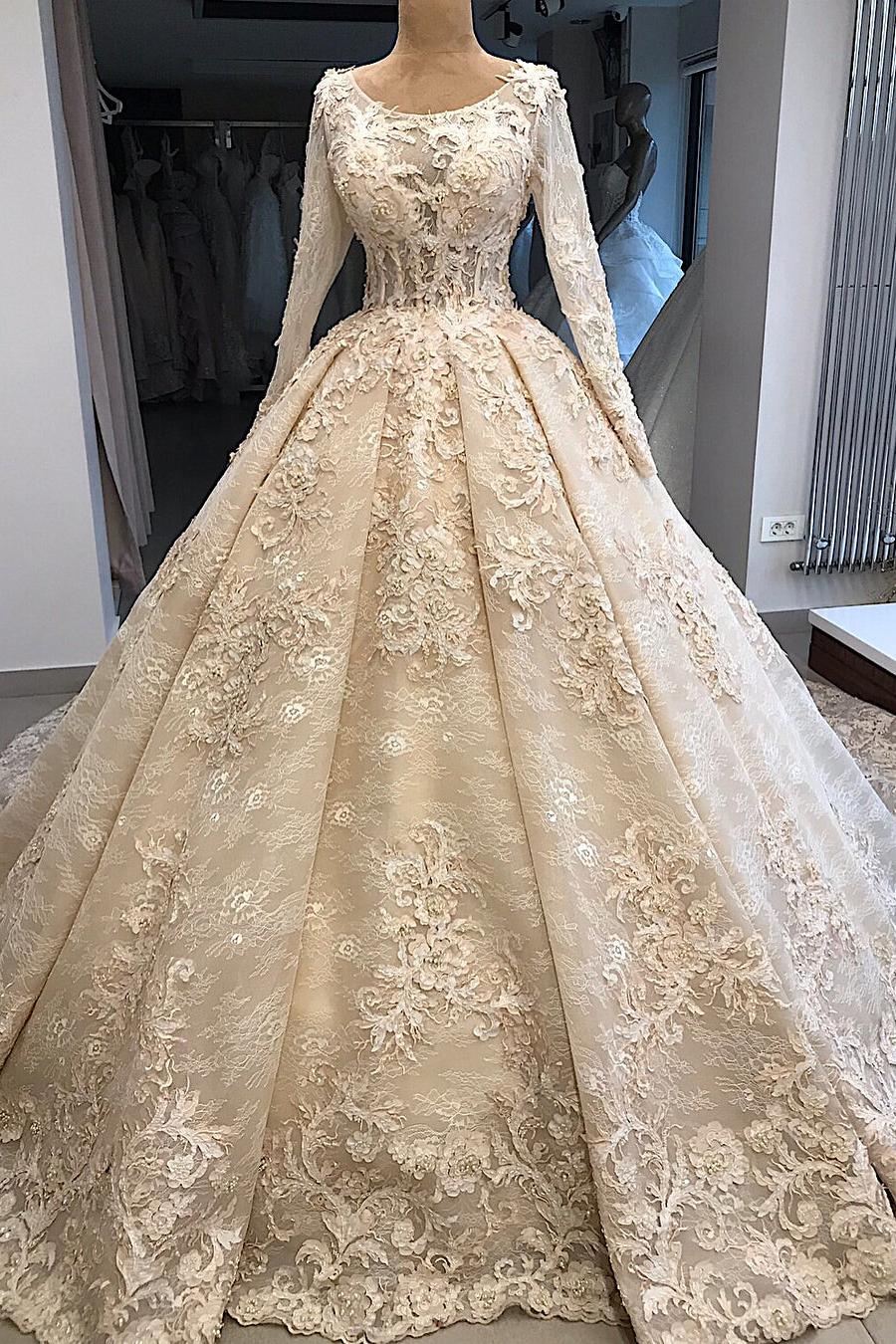 Appliques Ball-Gown Scoop Excellent Long-Sleeves Wedding Dresses