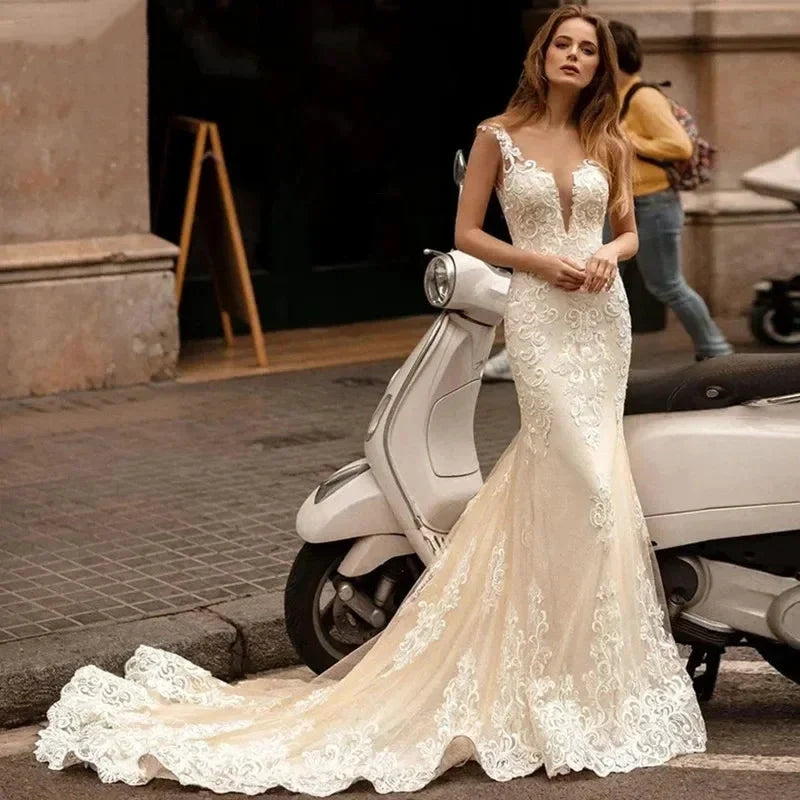 Appliques Vestido De Noiva Deep V-neck Mermaid Vestidos De Novia Vintage Wedding Dresses Lace Robe De Mariée by payinti
