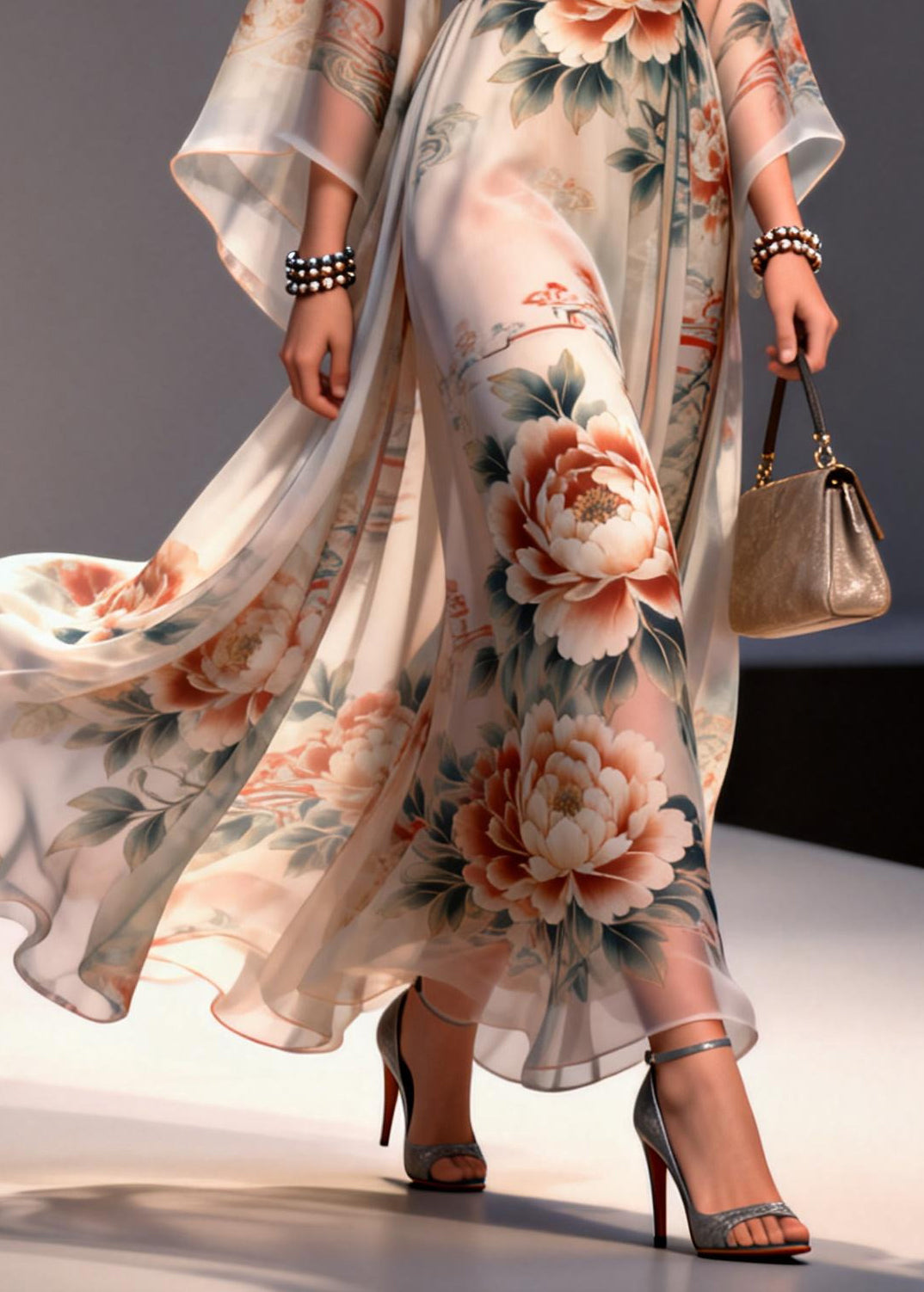 Apricot Floral Print Chiffon Maxi Dresses Exra Large Hem Summer