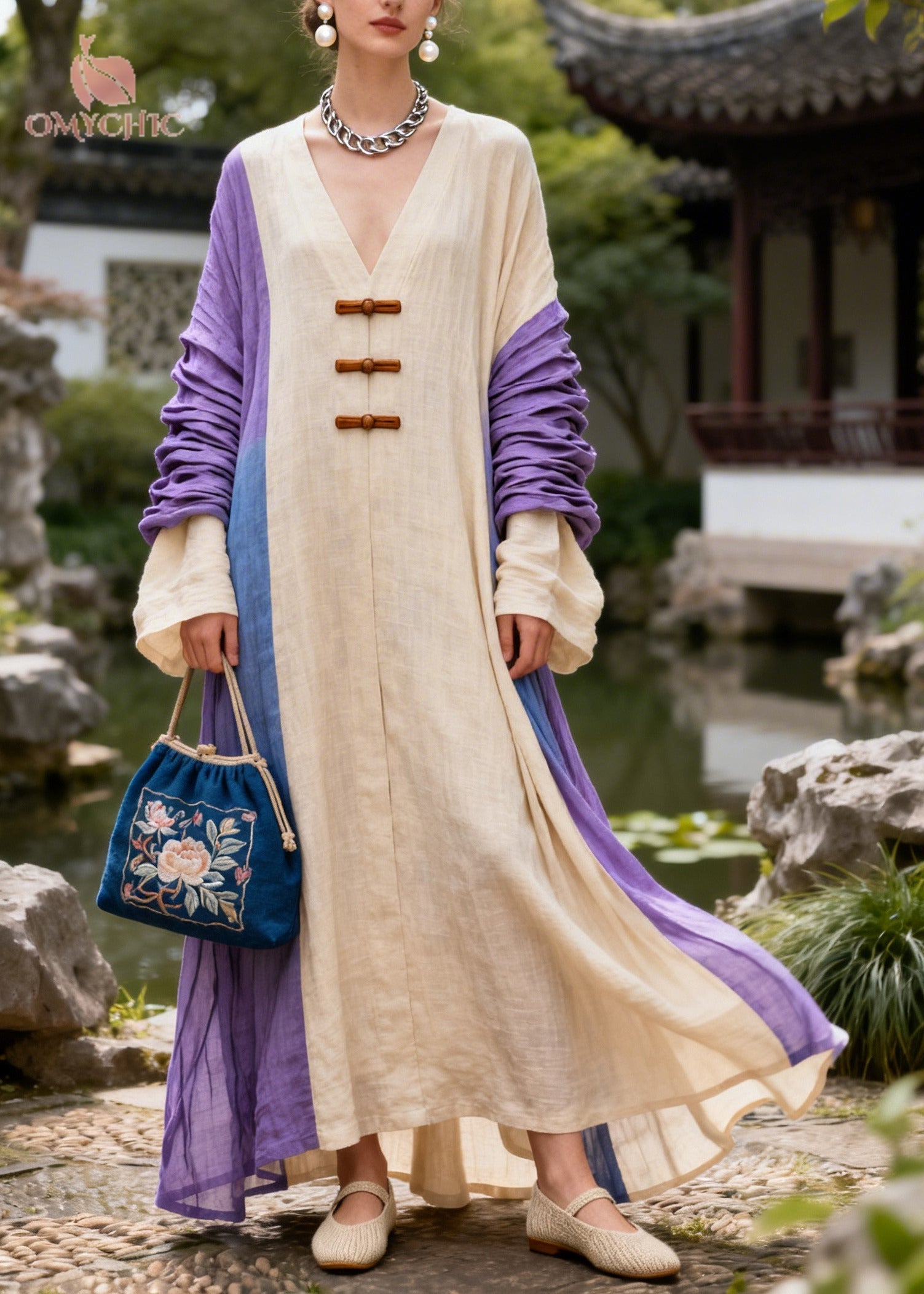 Art Beige Oversized Patchwork Chinese Button Cotton Maxi Dresses Fall
