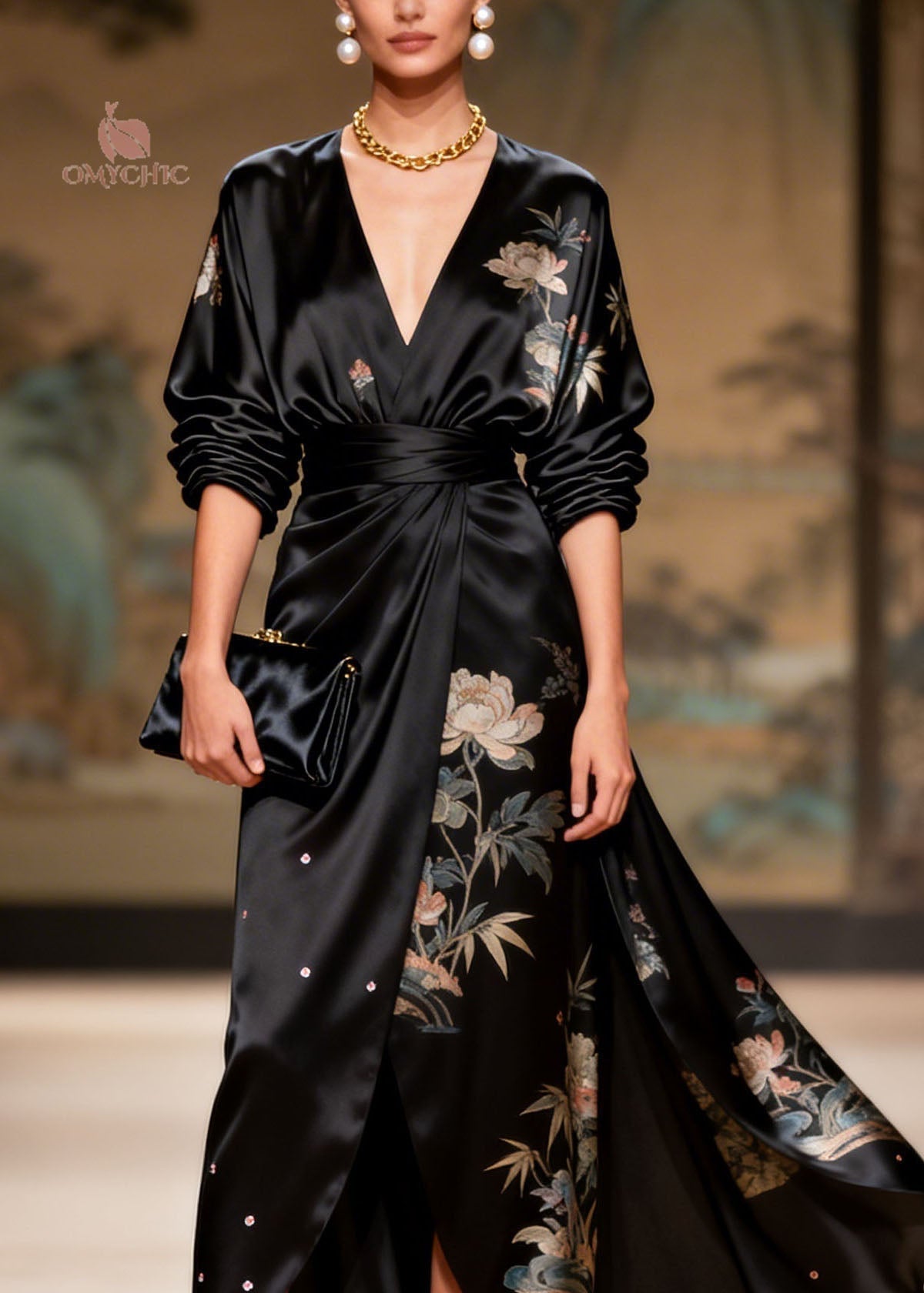 Art Black V Neck Asymmetrical Design Print Sequins Silk Dresses Summer