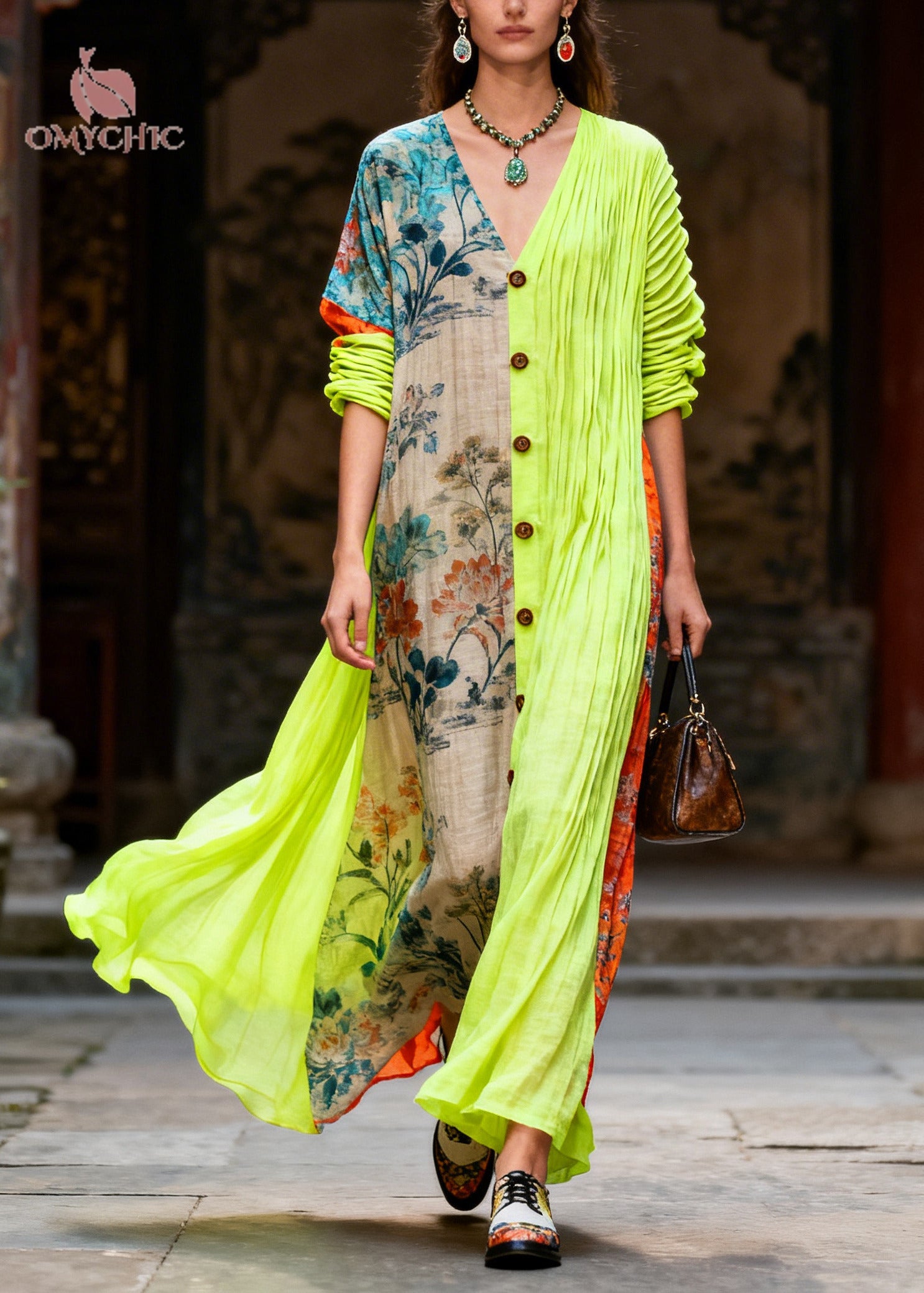 Art Colorblock Asymmetrical Patchwork Button Cotton Vacation Dress Summer