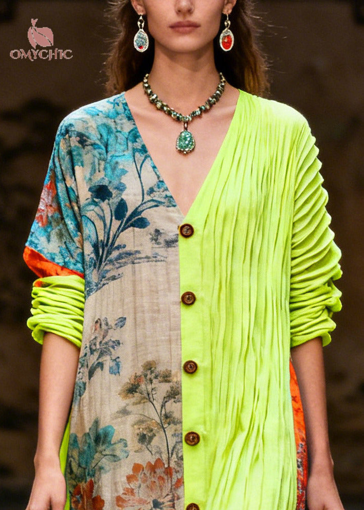Art Colorblock Asymmetrical Patchwork Button Cotton Vacation Dress Summer