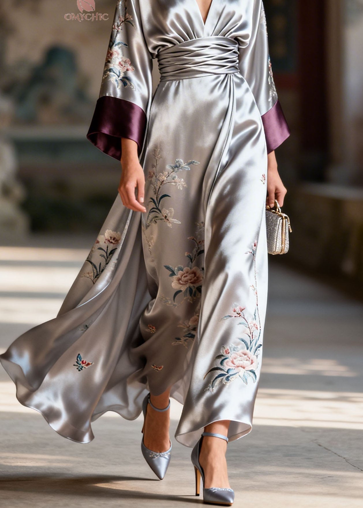 Art Colorblock V Neck Print Patchwork Silk Dresses Summer