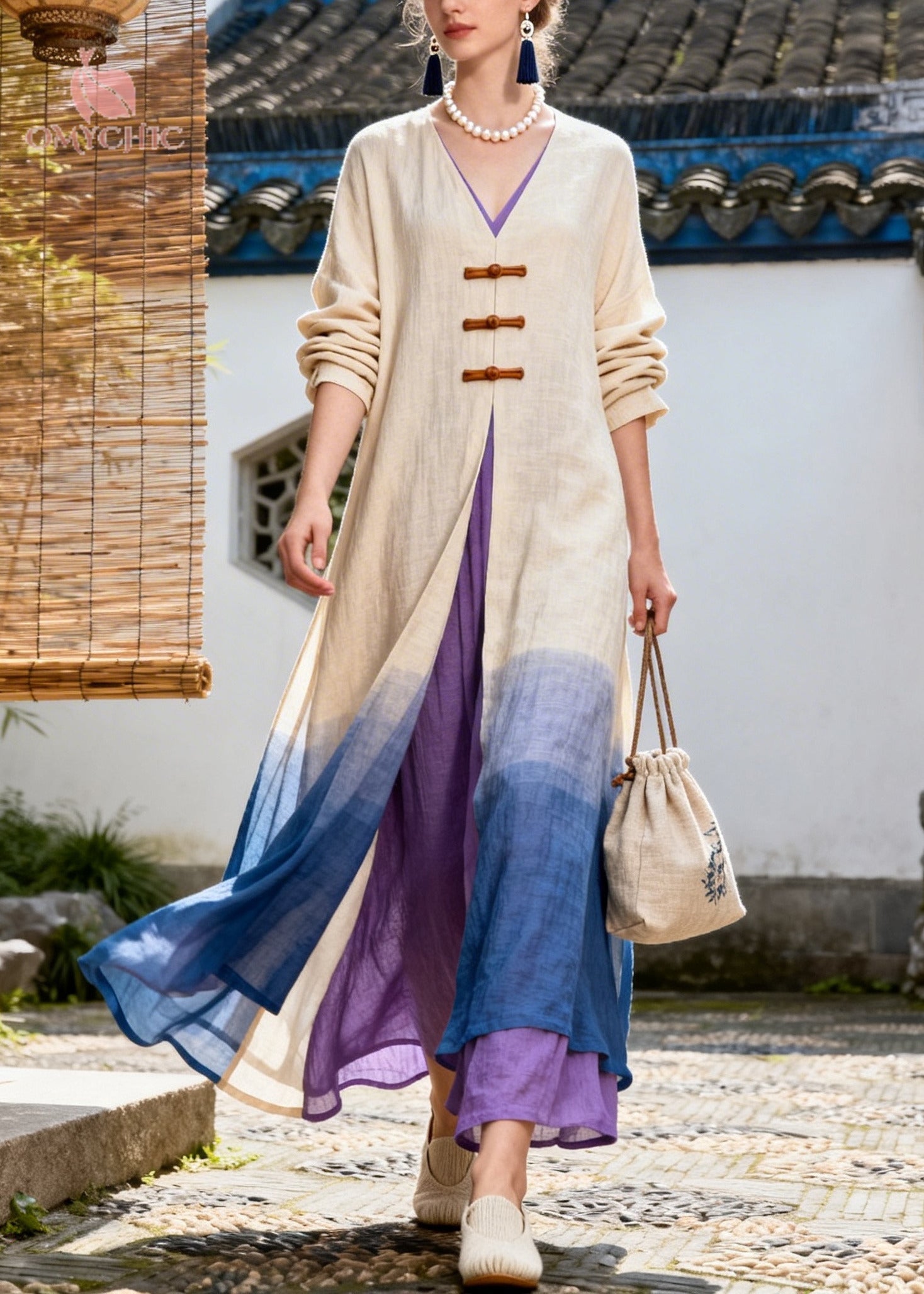 Art Gradient Color Side Open Chinese Button Cotton Dress Long Sleeve