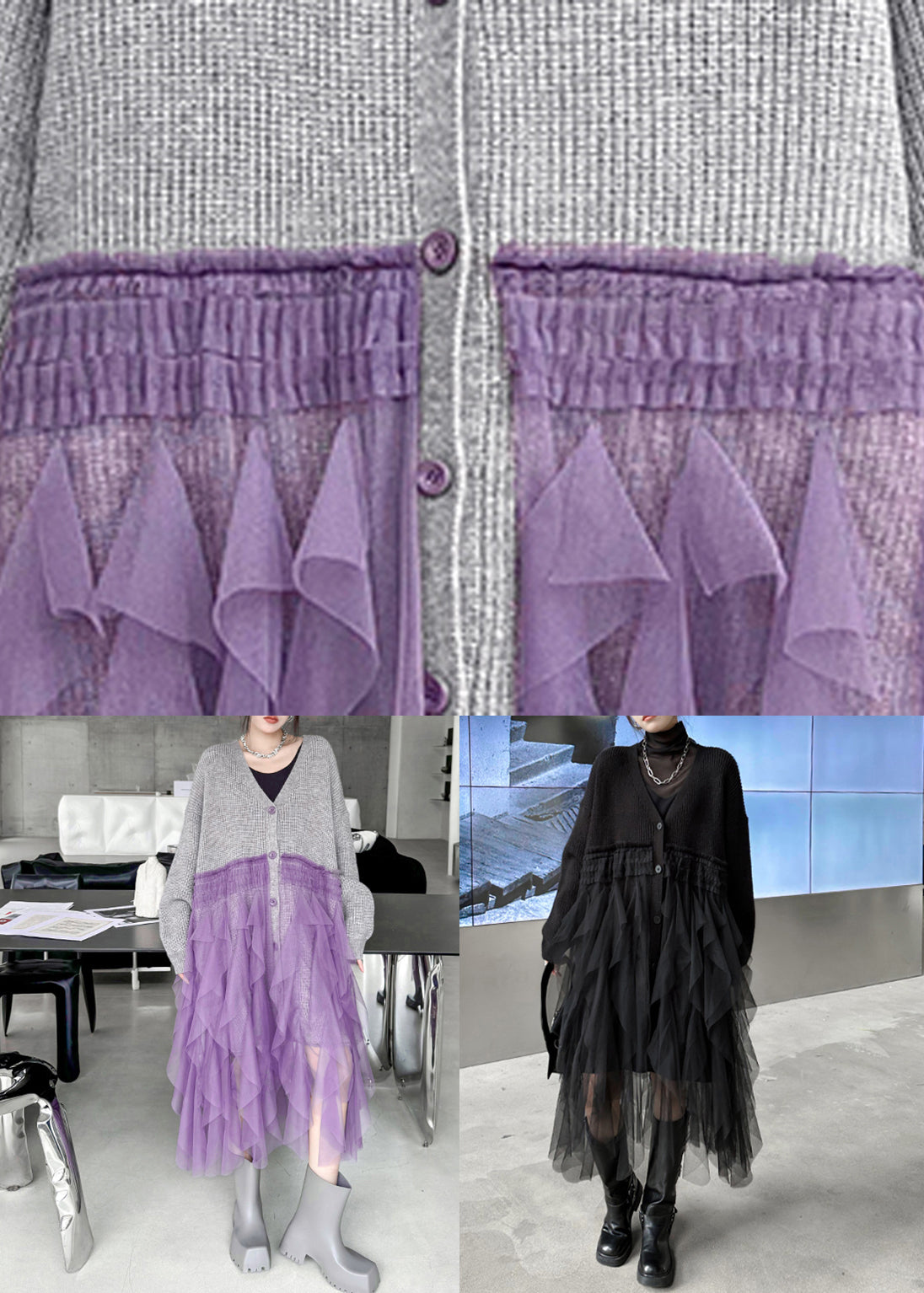Art Grey Ruffled Tulle Patchwork Knit Cardigan Dress Spring