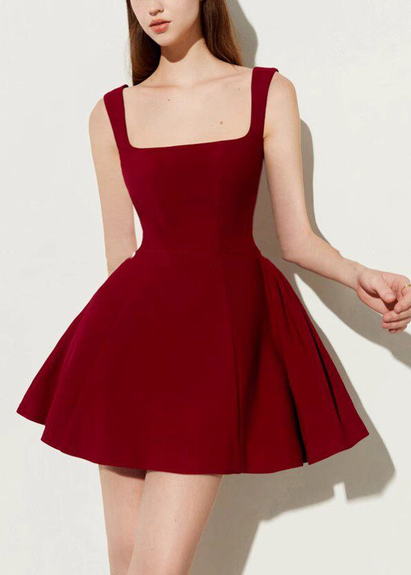 Art Red Square Collar Cotton Mini Dress Summer