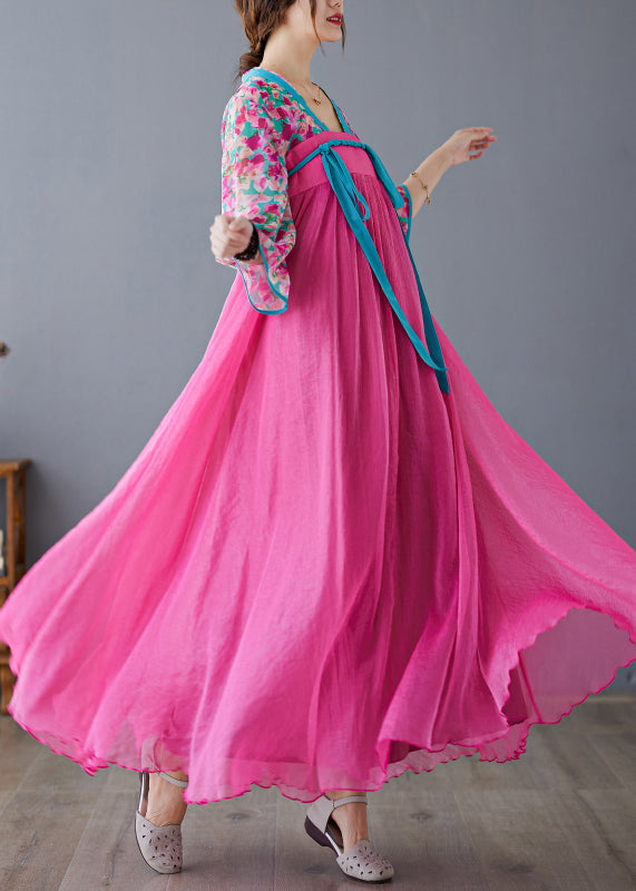 Art Rose V Neck Patchwork Exra Large Hem Cotton Long Dress Bracelet Sleeve