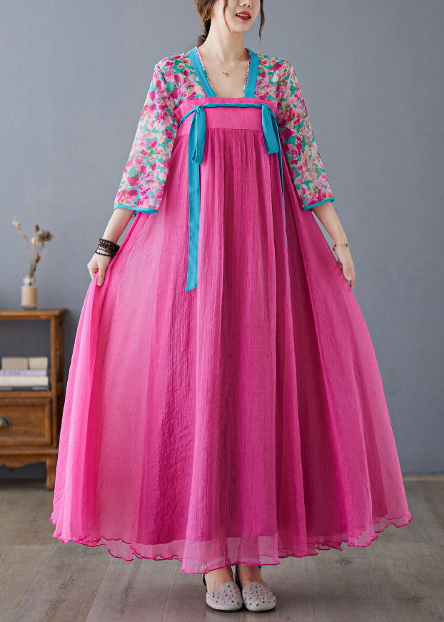 Art Rose V Neck Patchwork Exra Large Hem Cotton Long Dress Bracelet Sleeve