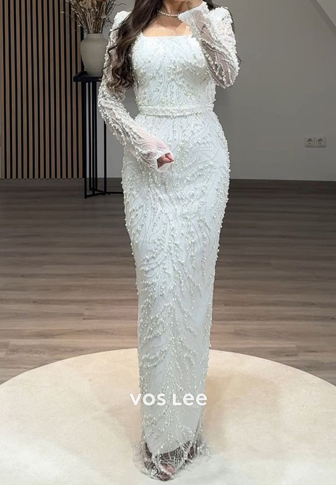 Full Beaded Square Evening Dress Long Sleeves Sheath Formal Party Gown - View 2 | VelvetHem