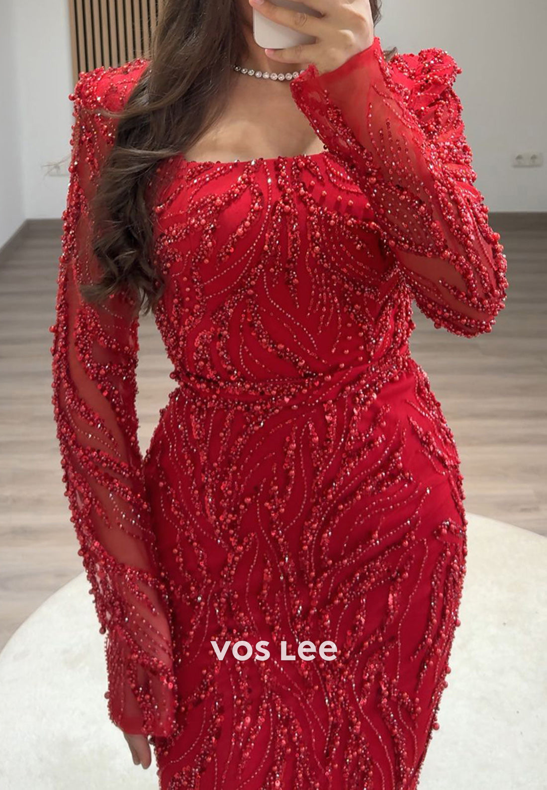 Full Beaded Square Evening Dress Long Sleeves Sheath Formal Party Gown - View 6 | VelvetHem