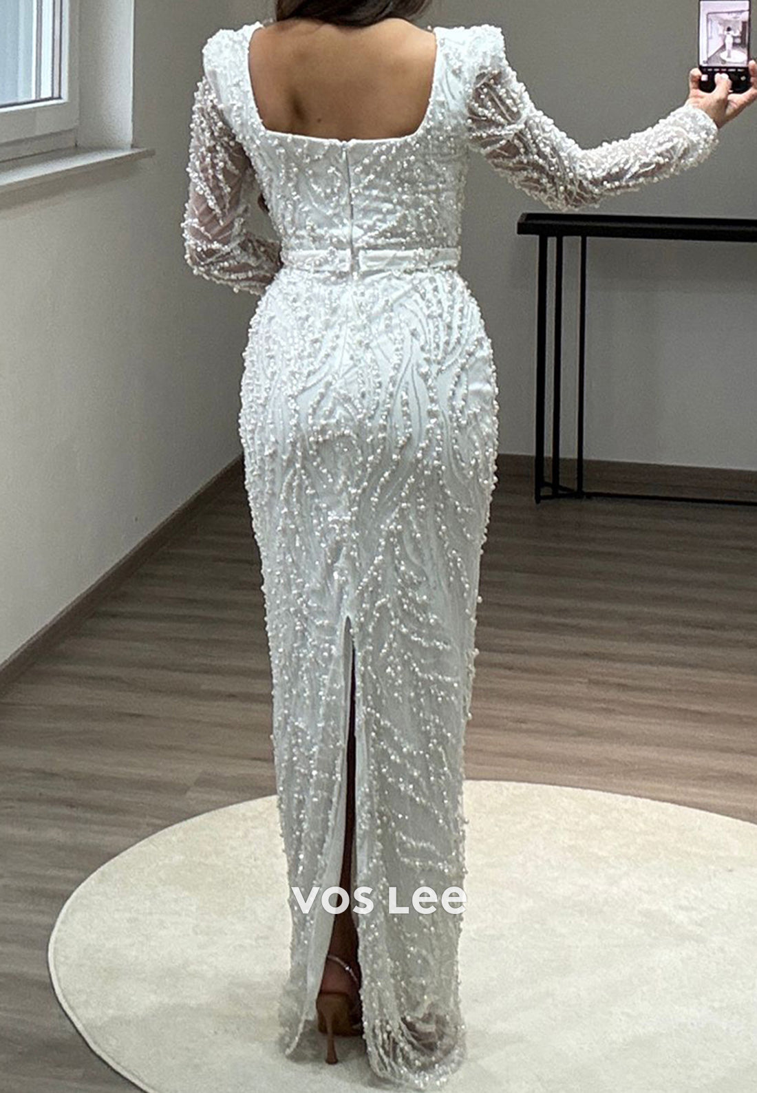 Full Beaded Square Evening Dress Long Sleeves Sheath Formal Party Gown - View 8 | VelvetHem