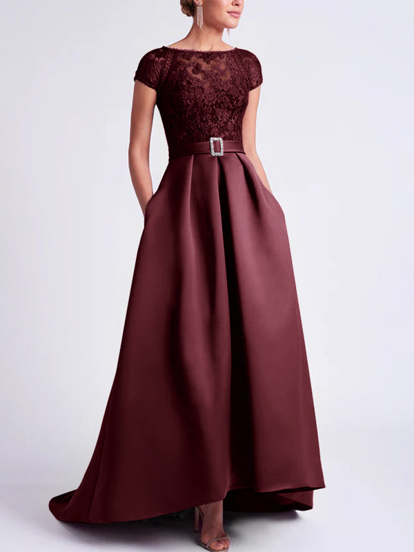 Asymmetrical A Line Mother of the Bride Dress with Scoop Neck and Short Sleeves