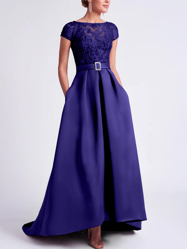 Asymmetrical A Line Mother of the Bride Dress with Scoop Neck and Short Sleeves