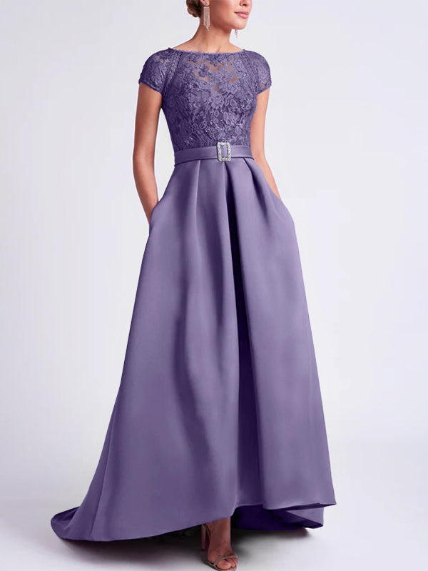 Asymmetrical A Line Mother of the Bride Dress with Scoop Neck and Short Sleeves