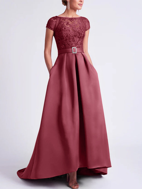 Asymmetrical A Line Mother of the Bride Dress with Scoop Neck and Short Sleeves