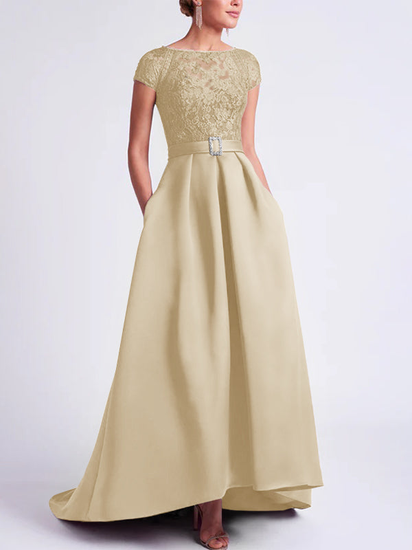 Asymmetrical A Line Mother of the Bride Dress with Scoop Neck and Short Sleeves