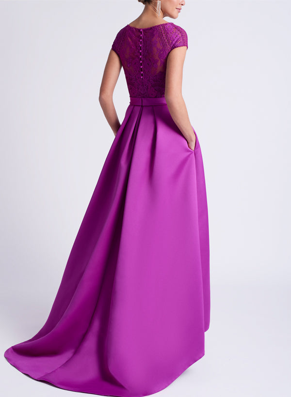 Asymmetrical A Line Mother of the Bride Dress with Scoop Neck and Short Sleeves