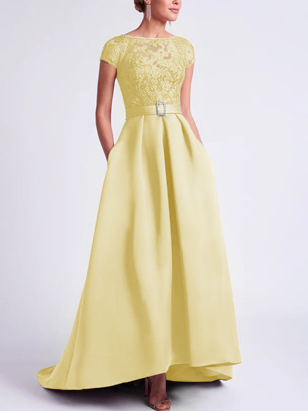 Asymmetrical A Line Mother of the Bride Dress with Scoop Neck and Short Sleeves