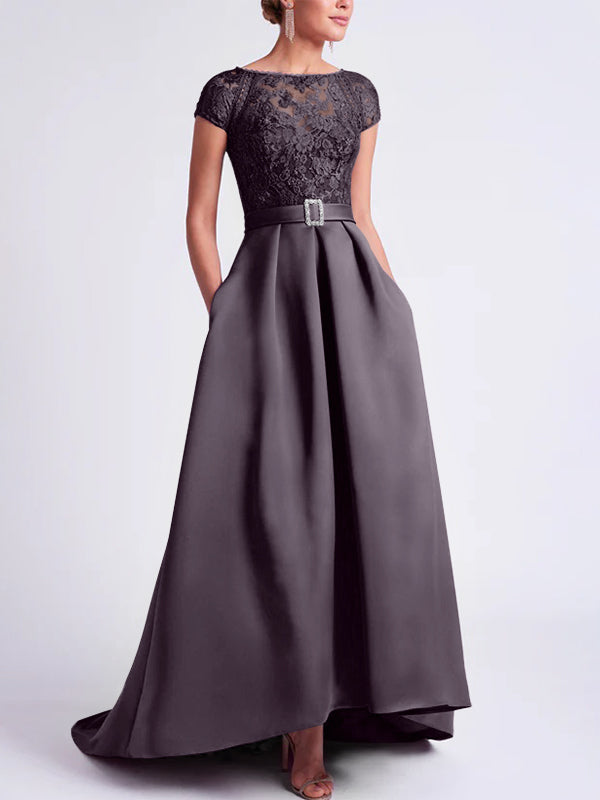 Asymmetrical A Line Mother of the Bride Dress with Scoop Neck and Short Sleeves