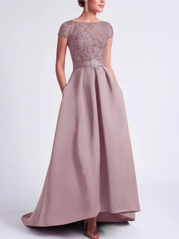 Asymmetrical A Line Mother of the Bride Dress with Scoop Neck and Short Sleeves