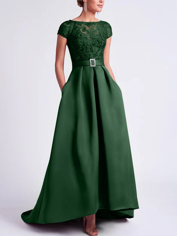 Asymmetrical A Line Mother of the Bride Dress with Scoop Neck and Short Sleeves