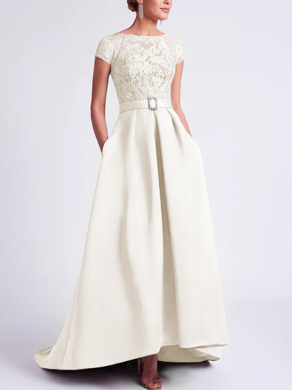 Asymmetrical A Line Mother of the Bride Dress with Scoop Neck and Short Sleeves