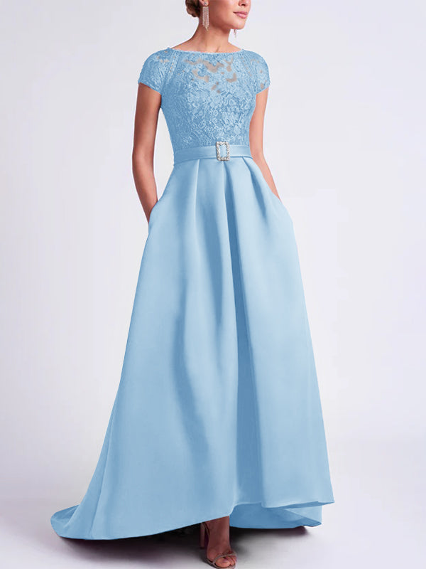 Asymmetrical A Line Mother of the Bride Dress with Scoop Neck and Short Sleeves