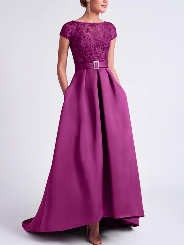 Asymmetrical A Line Mother of the Bride Dress with Scoop Neck and Short Sleeves