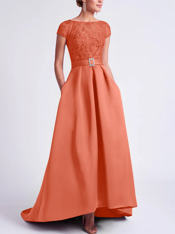 Asymmetrical A Line Mother of the Bride Dress with Scoop Neck and Short Sleeves