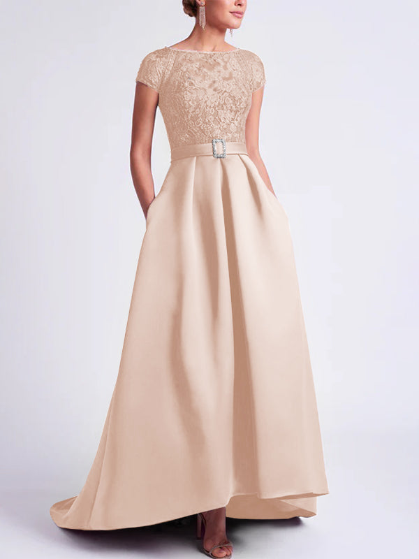 Asymmetrical A Line Mother of the Bride Dress with Scoop Neck and Short Sleeves