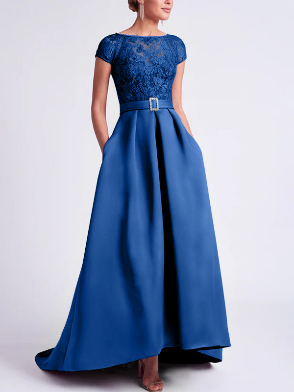 Asymmetrical A Line Mother of the Bride Dress with Scoop Neck and Short Sleeves