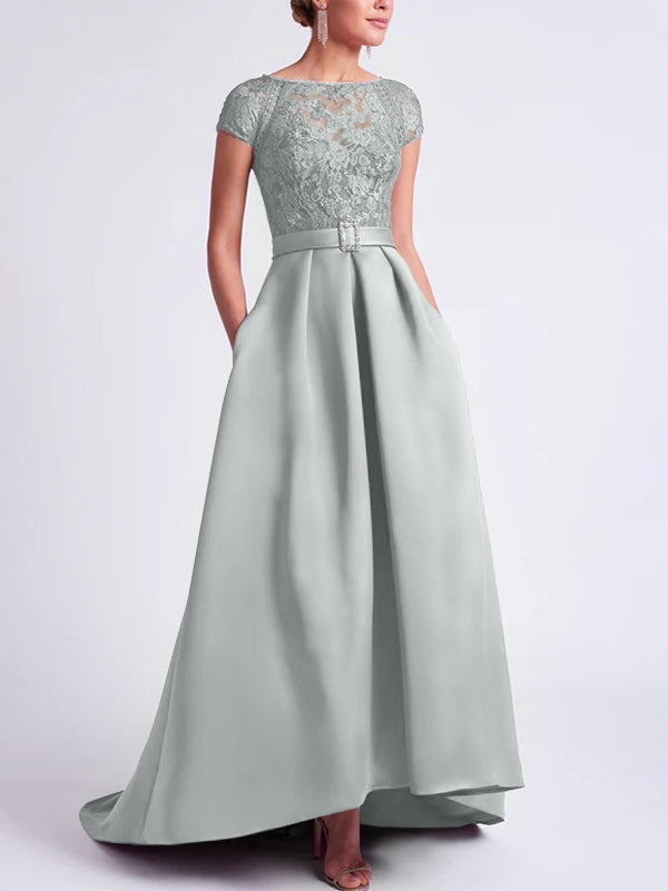 Asymmetrical A Line Mother of the Bride Dress with Scoop Neck and Short Sleeves